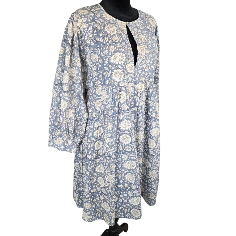 Beau & Ro Dusty Blue Floral Hand Block Print Cotton Boho Peasant Dress Small - Picture 2 of 11